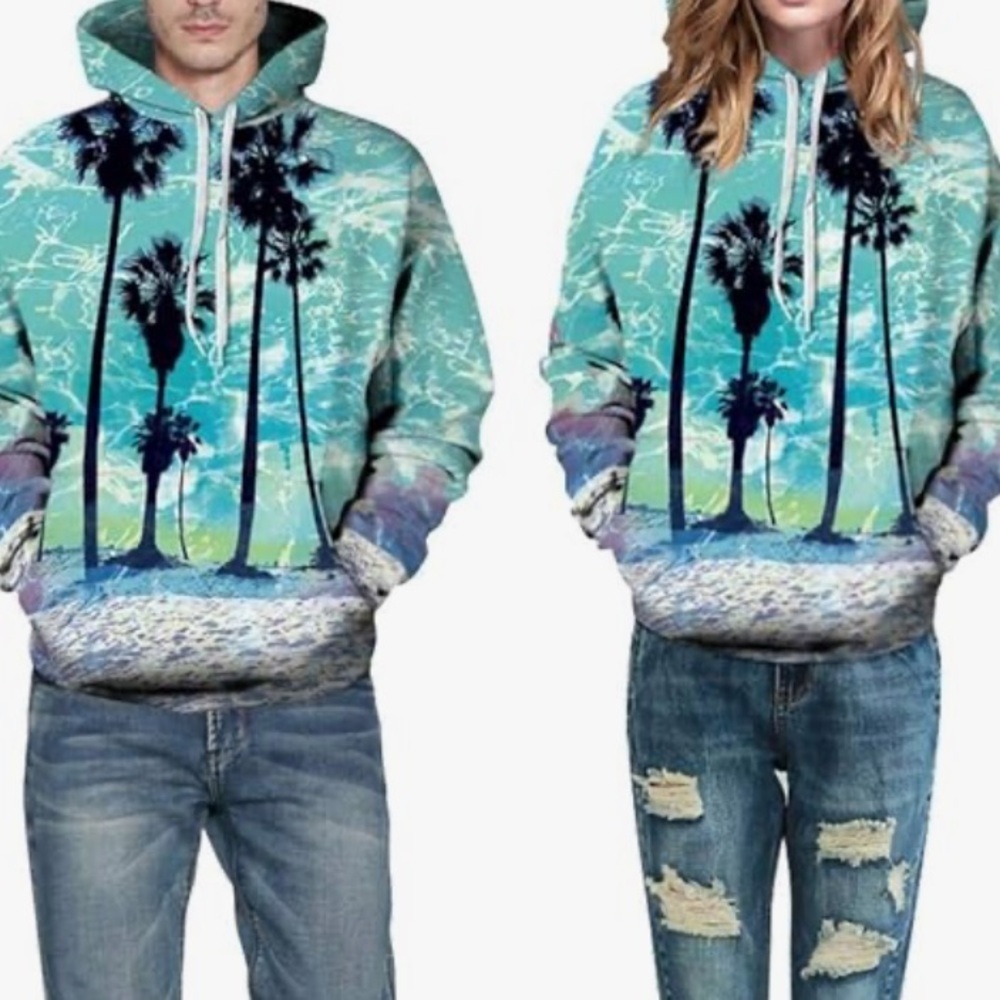 NWT Unisex Tropical Print Teal Beach Palm Trees Hoodie  Size L/XL